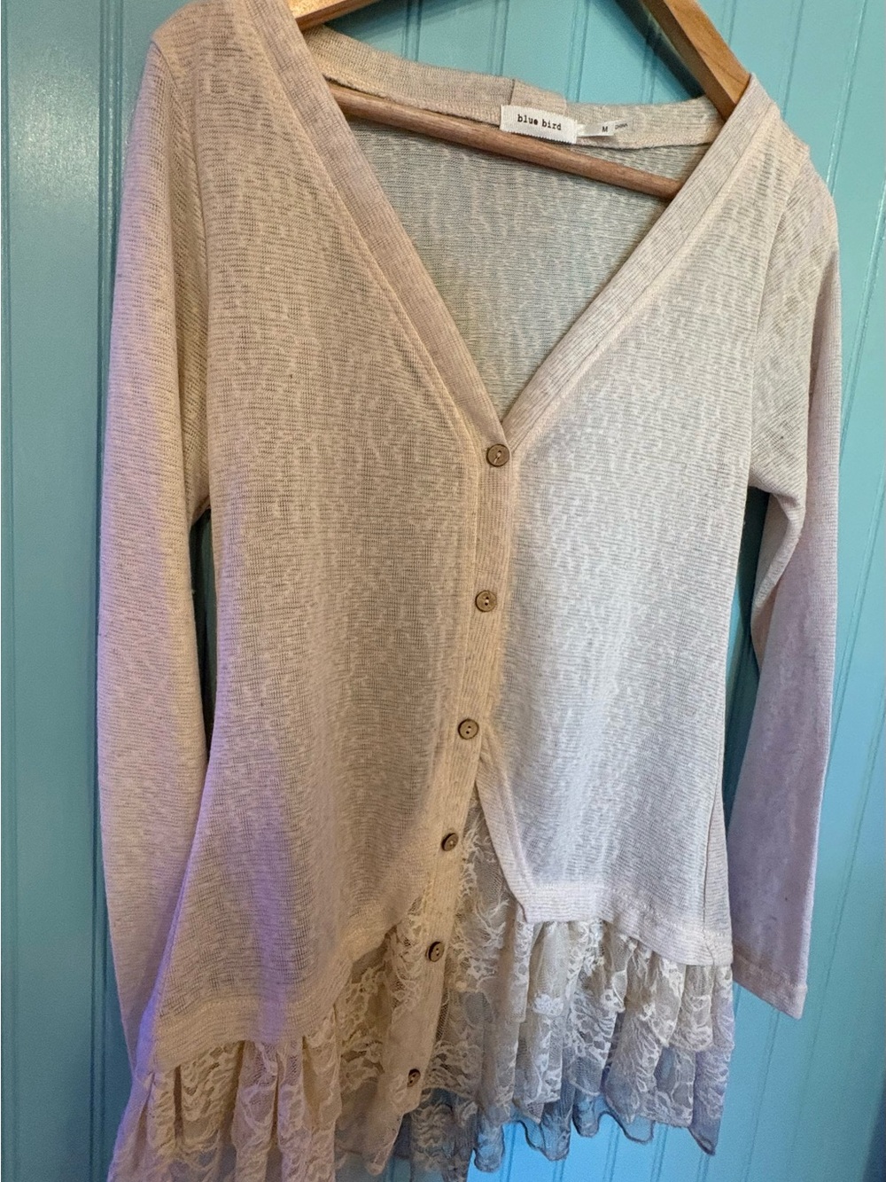 Blue Bird Cream Lace-Hem Button Cardigan